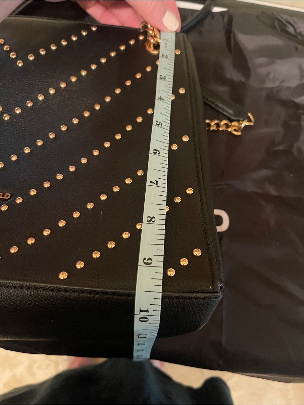 Karl Lagerfeld Black Leather Tote with Gold Stud Chevron & Chain Straps - Picture 13 of 14